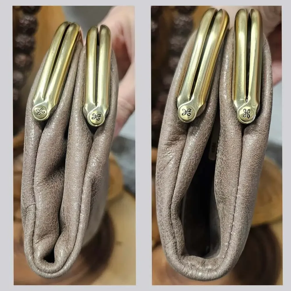 HOBO International Lauren Taupe Soft Leather Double Frame Kisslock Clutch Wallet